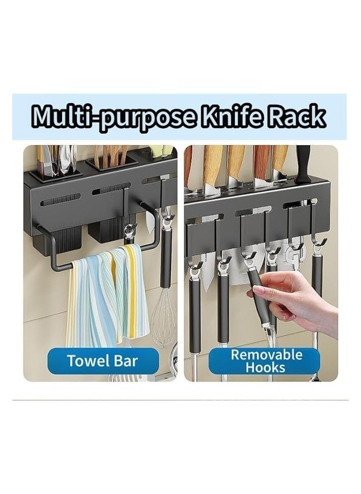 Knife Rack, Wall-Mounted Knife Holder Kitchen Wall Shelf Heavy Duty Spoon Organizer, Cutlery Holder with 8 Hooks & Towel Rack, Multi-Purpose Knife Organizer for Kitchen, Restaurant