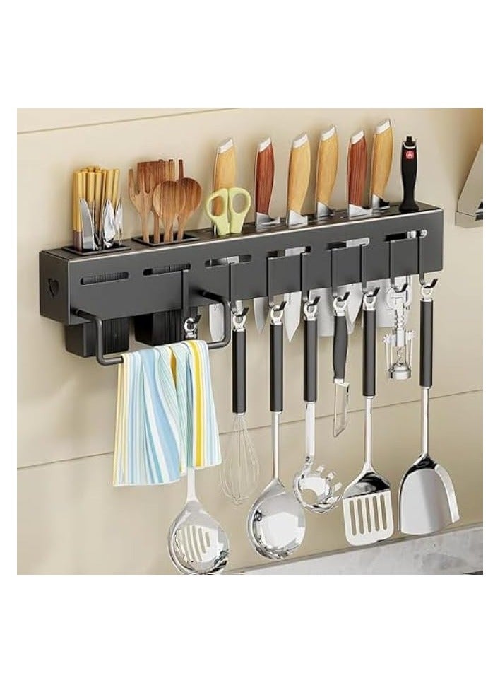 Knife Rack, Wall-Mounted Knife Holder Kitchen Wall Shelf Heavy Duty Spoon Organizer, Cutlery Holder with 8 Hooks & Towel Rack, Multi-Purpose Knife Organizer for Kitchen, Restaurant