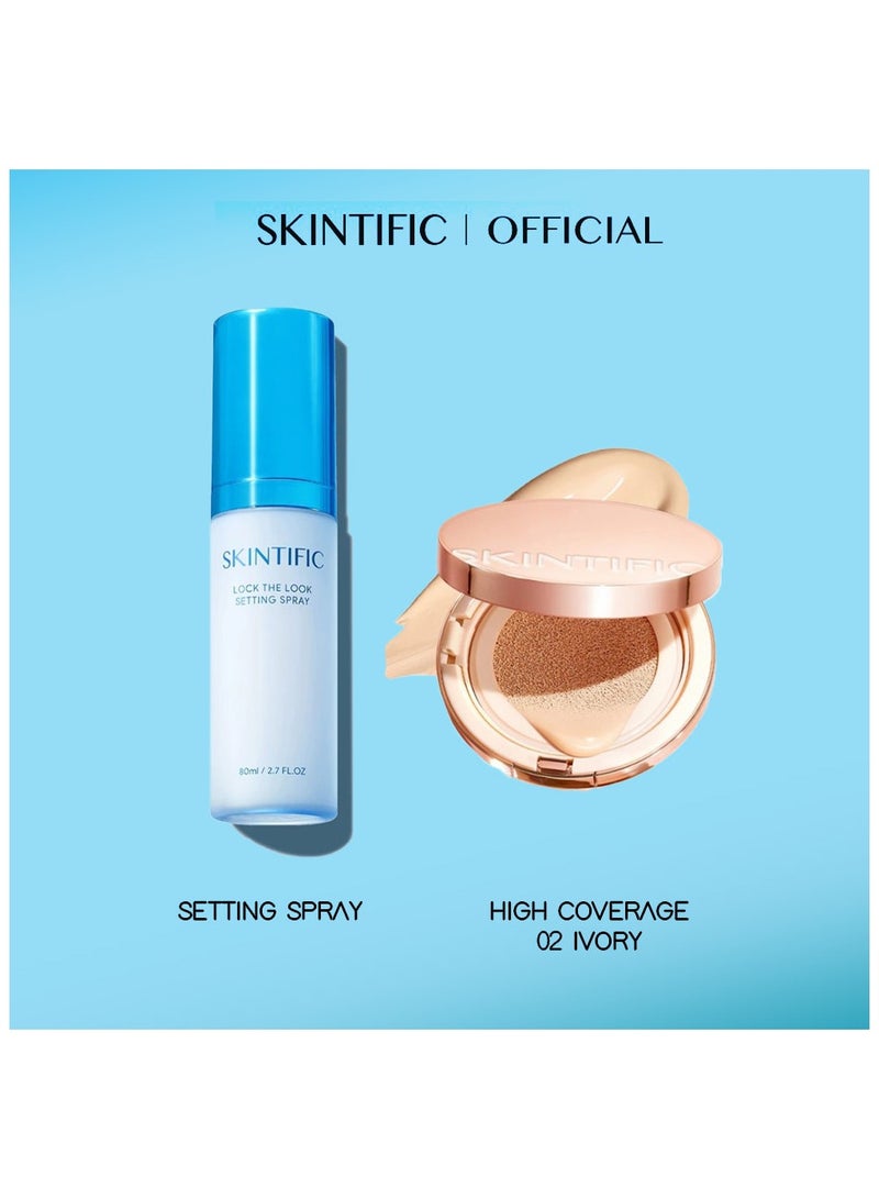 SKINTIFIC Velvet Matte Duo: Cover All Perfect Cushion High Coverage Poreless Flawless Foundation Makeup 24H Long-lasting SPF35 02 Ivory + Lock The Look Setting Spray for a Seamless, All-Day Matte Finish