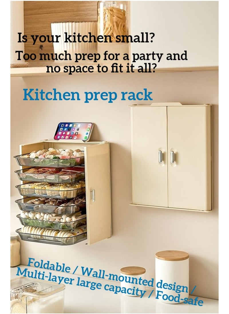 Foldable Kitchen Prep Rack: Wall-Mounted Multi-Layer Design with Strong Adhesive, Food-Safe Materials, and a Phone Holder. (Cream White 3)