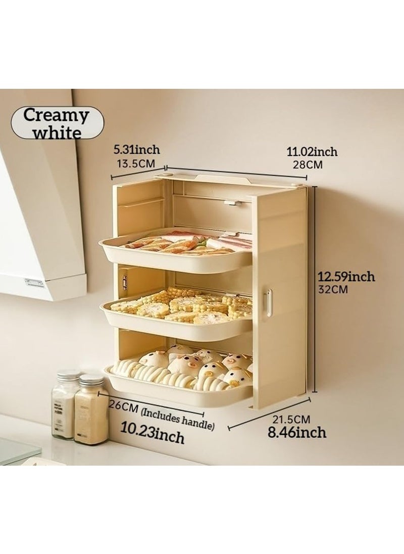 Foldable Kitchen Prep Rack: Wall-Mounted Multi-Layer Design with Strong Adhesive, Food-Safe Materials, and a Phone Holder. (Cream White 3)