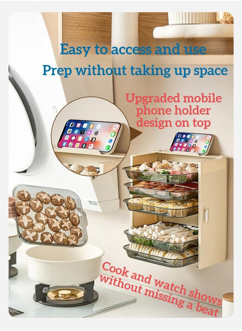 Foldable Kitchen Prep Rack: Wall-Mounted Multi-Layer Design with Strong Adhesive, Food-Safe Materials, and a Phone Holder. (Cream White 3)