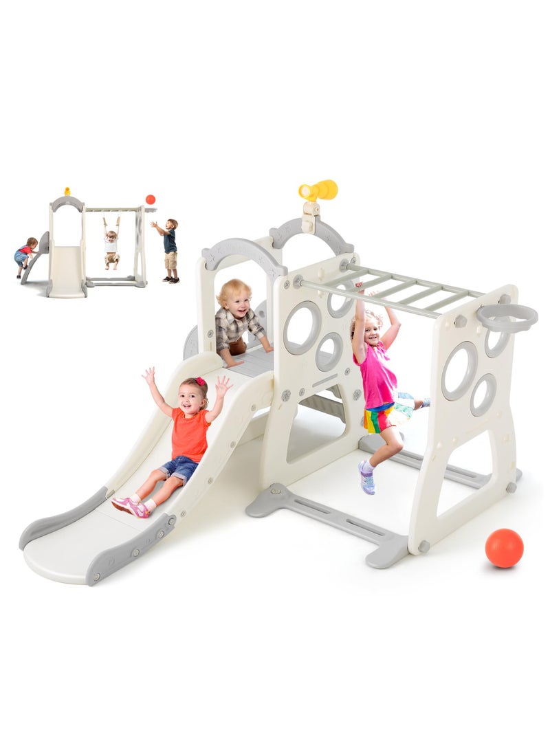 6 in 1 Toddler Slide, Freestanding Slide for Kids w/Basketball Hoop, Climbing Ladder, Horizontal bar, Hanging Rings and Telescope, Indoor Outdoor Backyard Playground Toy