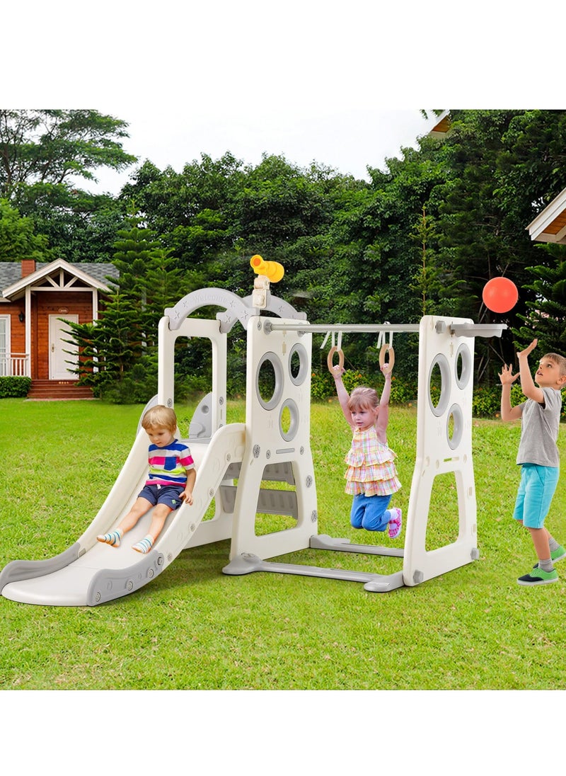 6 in 1 Toddler Slide, Freestanding Slide for Kids w/Basketball Hoop, Climbing Ladder, Horizontal bar, Hanging Rings and Telescope, Indoor Outdoor Backyard Playground Toy