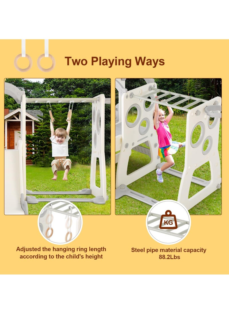 6 in 1 Toddler Slide, Freestanding Slide for Kids w/Basketball Hoop, Climbing Ladder, Horizontal bar, Hanging Rings and Telescope, Indoor Outdoor Backyard Playground Toy