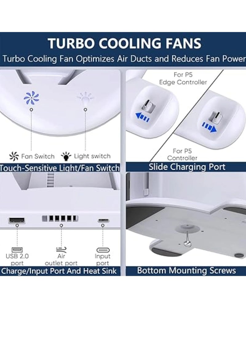 PS5 Slim Stand and Cooling Station with RGB LED Charging Station for PS5 Slim Console Cooling Dock with 3-Level Cooling Fan and Dual PS5 Controller or PS5 Edge Controller Charger