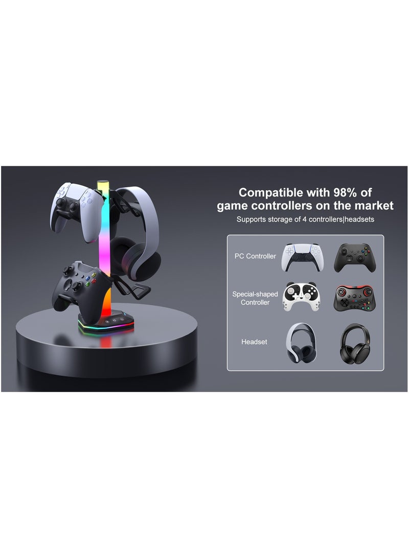 RGB Headphone Stand，Gaming Controller Holder，Desk Gaming Headset Holder with 10 Light Mode 2 USB Charging and 1 Type-C，Memory Feature for Gamers PC Earphone Accessories Desk