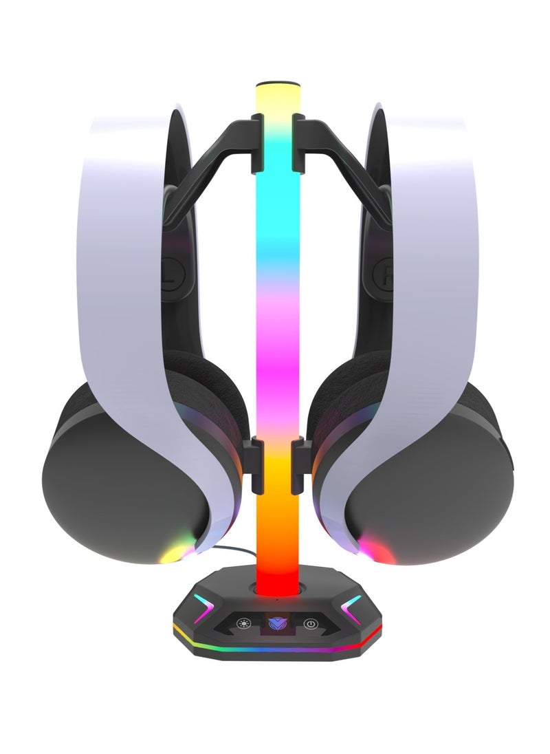 RGB Headphone Stand，Gaming Controller Holder，Desk Gaming Headset Holder with 10 Light Mode 2 USB Charging and 1 Type-C，Memory Feature for Gamers PC Earphone Accessories Desk