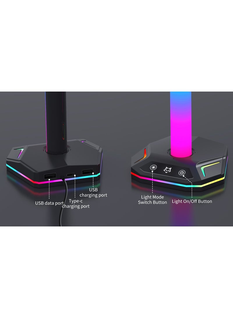 RGB Headphone Stand，Gaming Controller Holder，Desk Gaming Headset Holder with 10 Light Mode 2 USB Charging and 1 Type-C，Memory Feature for Gamers PC Earphone Accessories Desk