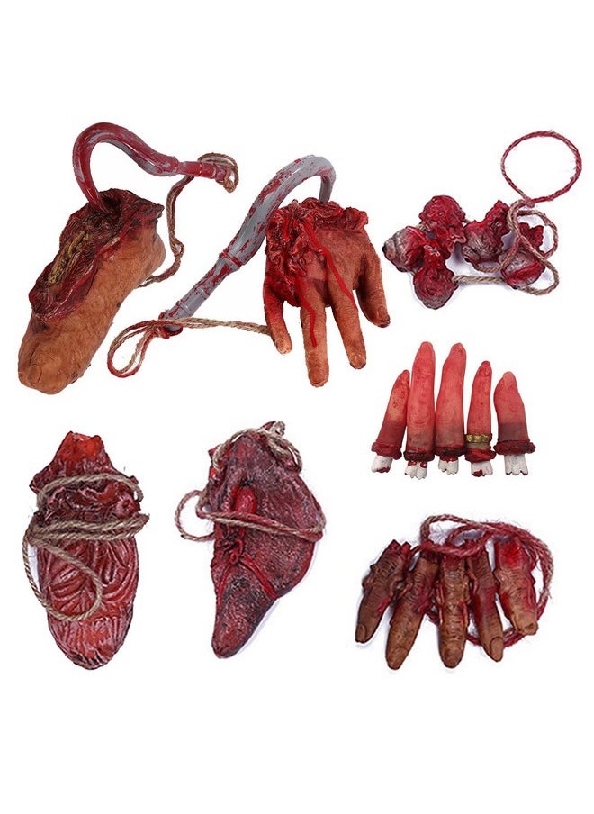 Halloween Fake Bloody Severed Hands Feet Broken Body Parts For Haunted House Halloween Zombie Party Decorations (7 Pcs)