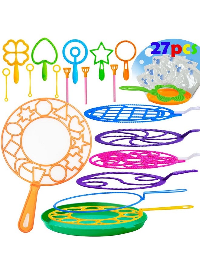 Deluxe 27 Piece Big Bubble Wands Set - Assorted Bulk Bubble Makers, Trays & 6 Pack Non Toxic Concentrate Refill Solution - Kids Party Favor Bubble Toys For Outdoor Summer Fun Pool Party