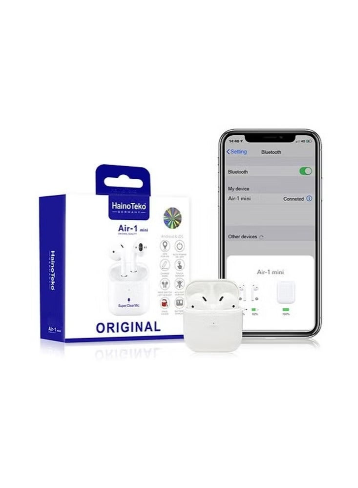 Haino teko Air 1 Mini Bluetooth Wireless Earphones with Super Clear Microphone, Compatible with Android and iOS - White