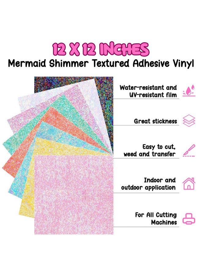 Glitter Pearl Adhesive Vinyl Sheets - 12 X12 Inch, Assorted Mermaid Colors (8 Sheets/Pack), Easy Weed & Transfer, Durable & Waterproof For Craft Cutters, Diy Decoration