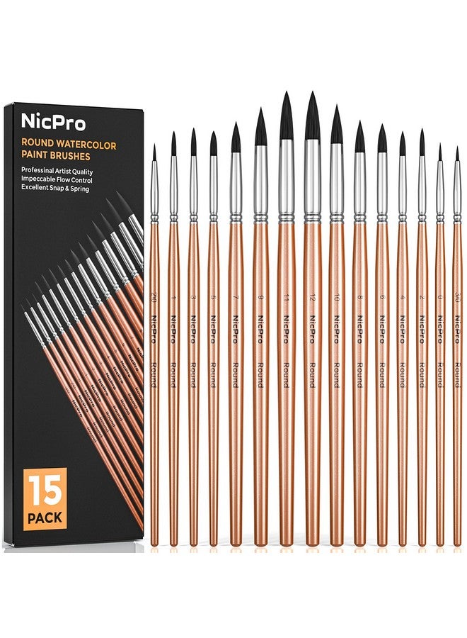 15 Pcs Round Watercolor Detail Paint Brushes, Professional Soft Synthetic Squirrel Watercolor Brushes Artist Paint Brush Set For Water Color Painting, Oil, Model, Gouache, Ink