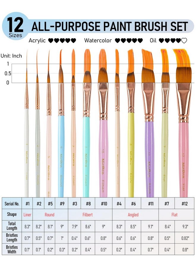 12Pcs Artist Paint Brush Set, Pastel Painting Brushes Kit With Flat, Round, Filbert, Angle And Detail Paintbrushes, Nylon Bristles Paint Brushes For Acrylic Oil Watercolor Gouache Canvas Face