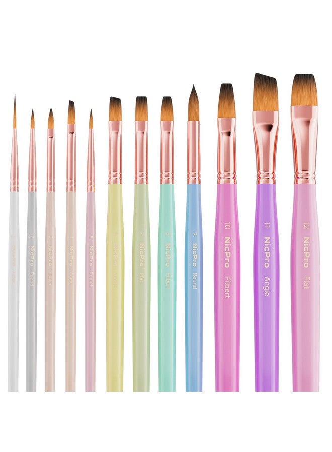 12Pcs Artist Paint Brush Set, Pastel Painting Brushes Kit With Flat, Round, Filbert, Angle And Detail Paintbrushes, Nylon Bristles Paint Brushes For Acrylic Oil Watercolor Gouache Canvas Face