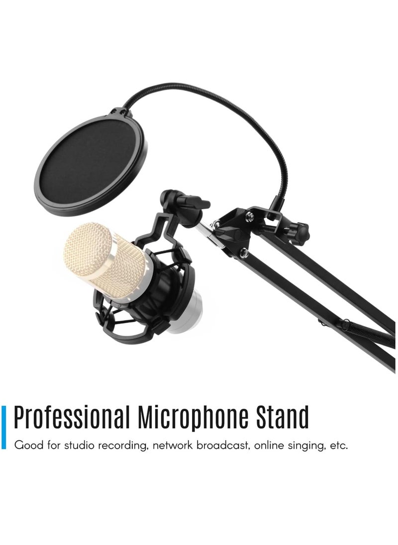 Microphone Stand,Adjustable Foldable Microphone Stand Heaby Duty Metal Mic Arm Bracket with Shock Proof Holder Windshield Pop Filter for Studio Recording Live Video Broadcasting Online Singing