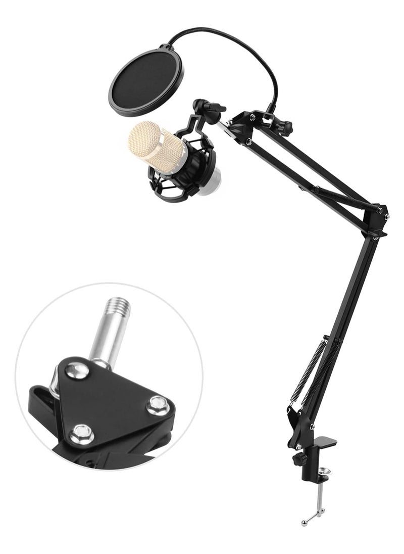 Microphone Stand,Adjustable Foldable Microphone Stand Heaby Duty Metal Mic Arm Bracket with Shock Proof Holder Windshield Pop Filter for Studio Recording Live Video Broadcasting Online Singing