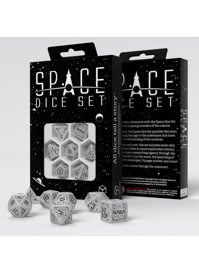 Q-Workshop Space Dice Set Apollo Rpg Dice Set Inspired By Nasa Apollo - Shimmering White With Black Engravings - Perfect For Tabletop Games & Rpgs - 7 Polyhedral Dice (D4, D6, D8, 2D10, D12, D20)