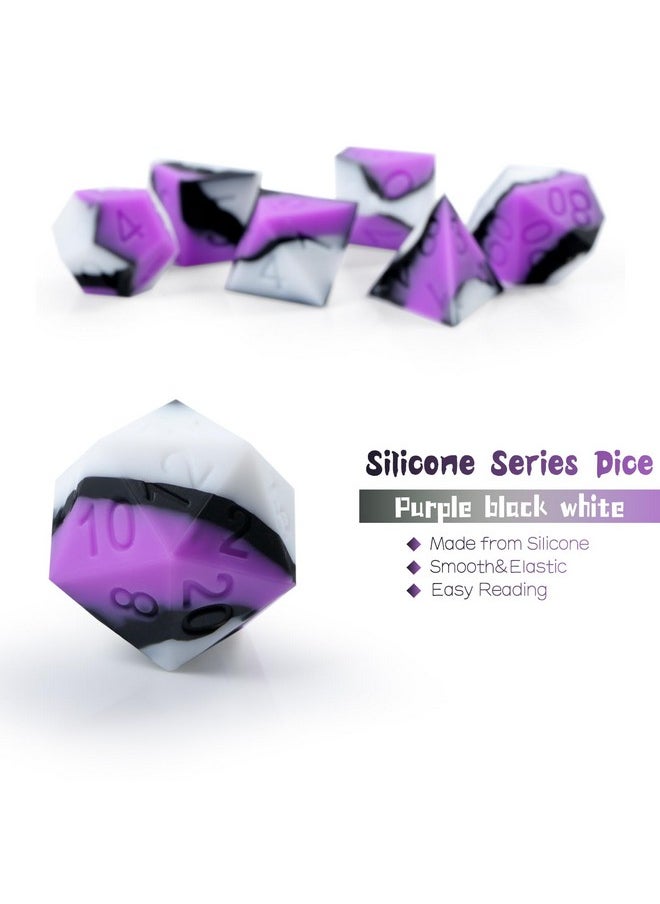 Silicone Dnd Dice Set, 7Pcs Silicone Rubber D&D Die With Clear Plastic Display Case For Dungeons And Dragons Role Playing Games And Tabletop Games（Purple Black White