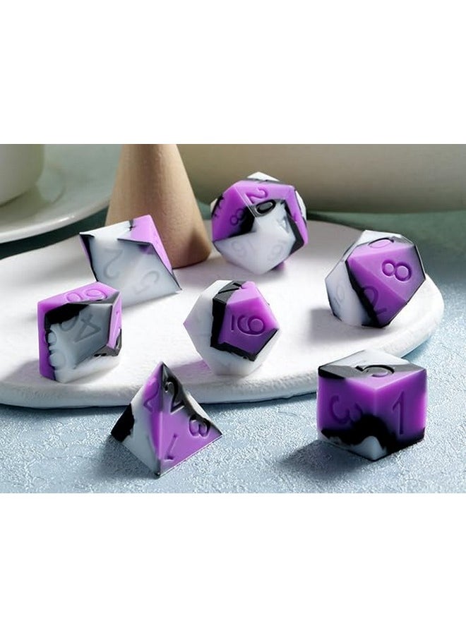 Silicone Dnd Dice Set, 7Pcs Silicone Rubber D&D Die With Clear Plastic Display Case For Dungeons And Dragons Role Playing Games And Tabletop Games（Purple Black White