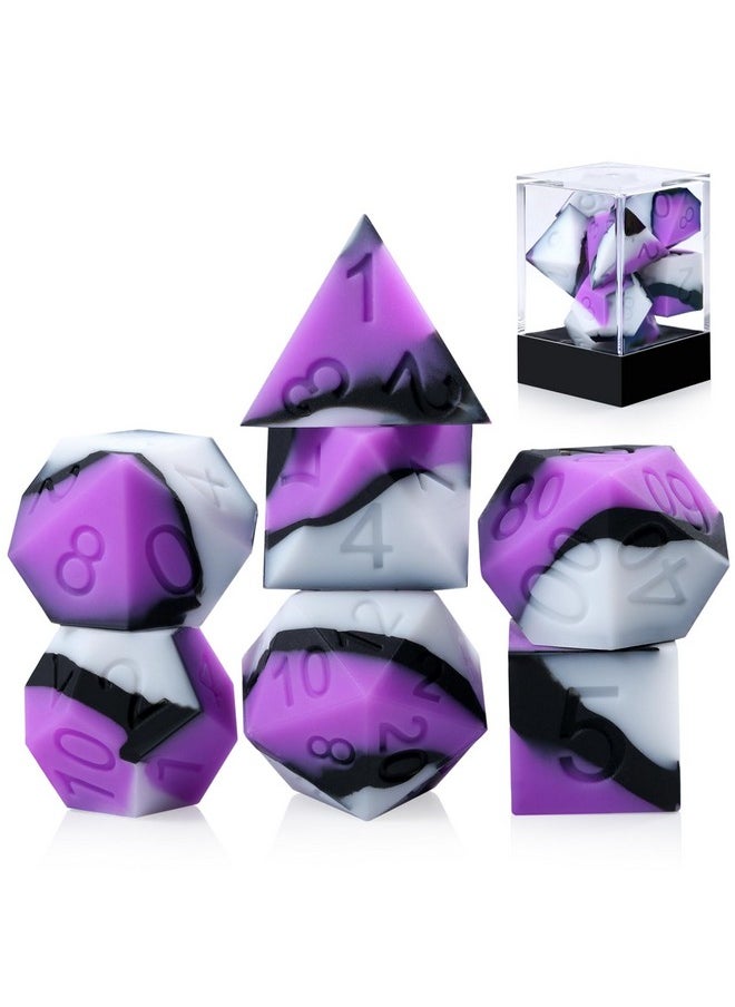 Silicone Dnd Dice Set, 7Pcs Silicone Rubber D&D Die With Clear Plastic Display Case For Dungeons And Dragons Role Playing Games And Tabletop Games（Purple Black White