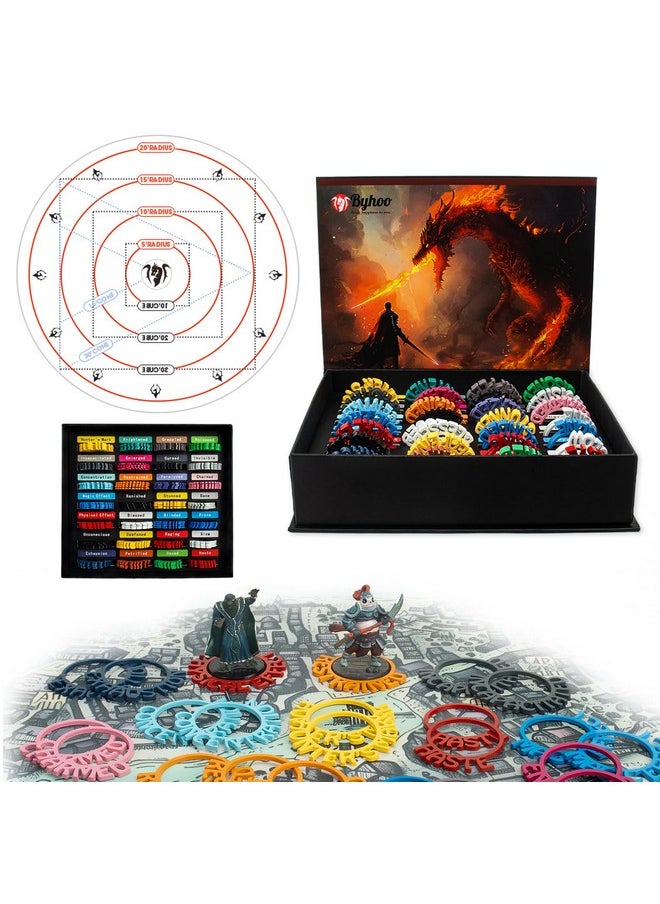 Metal Dnd Condition Rings In 28 Markers With Spell Template, 112Pcs Dnd Miniatures Status Effect Rings With Storage Box, Ideal Gift For D&D Pathfinder And More Tabletop Rpg