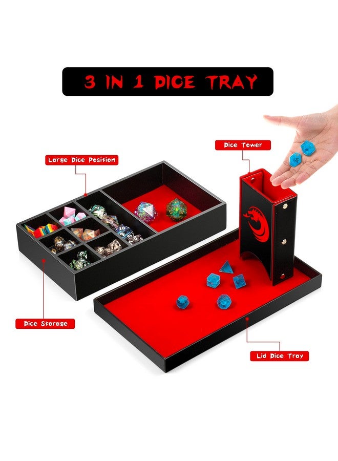 3 In 1 Dnd Dice Tray Dice Tower And Dice Storage, Portable Rectangle Storage With Lid For Table Game Dungeons And Dragons D&D Or Tabletop Rgp Gaming (Red Velvet And Black Pu Leather)