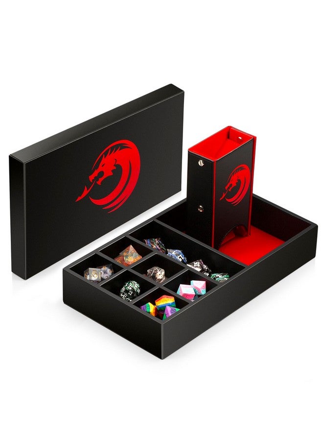 3 In 1 Dnd Dice Tray Dice Tower And Dice Storage, Portable Rectangle Storage With Lid For Table Game Dungeons And Dragons D&D Or Tabletop Rgp Gaming (Red Velvet And Black Pu Leather)