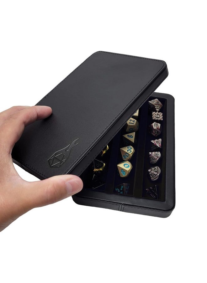 Premium 3-Row Dice Case - Combination Dice Box And Dice Tray - Protects Polyhedral Dice Sets - Felt-Lined Storage Rows - Magnetic Lid Closure - Perfect Metal Dice Storage Box - Black