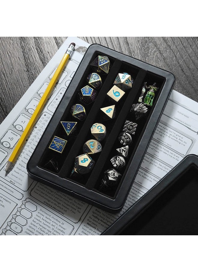 Premium 3-Row Dice Case - Combination Dice Box And Dice Tray - Protects Polyhedral Dice Sets - Felt-Lined Storage Rows - Magnetic Lid Closure - Perfect Metal Dice Storage Box - Black