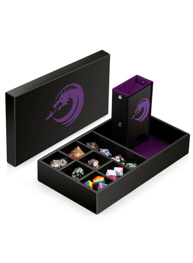 1 Dice Rolling Tray Dice Tower And Dice Storage, Dndnd Portable Rectangle Storage With Lid For Table Game Dungeons And Dragons D&D Or Tabletop Rgp Gaming (Purple Velvet And Black Pu Leather)