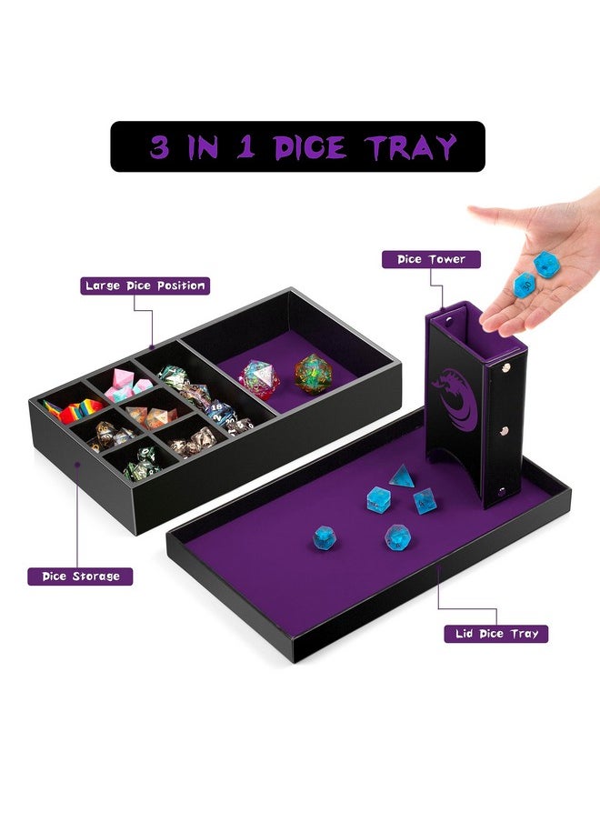 1 Dice Rolling Tray Dice Tower And Dice Storage, Dndnd Portable Rectangle Storage With Lid For Table Game Dungeons And Dragons D&D Or Tabletop Rgp Gaming (Purple Velvet And Black Pu Leather)