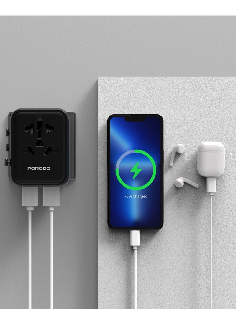 Dual USB-A Universal Travel Adapter 2.4A / Fast Charger / Travel Friendly / 150+ Countries - Black