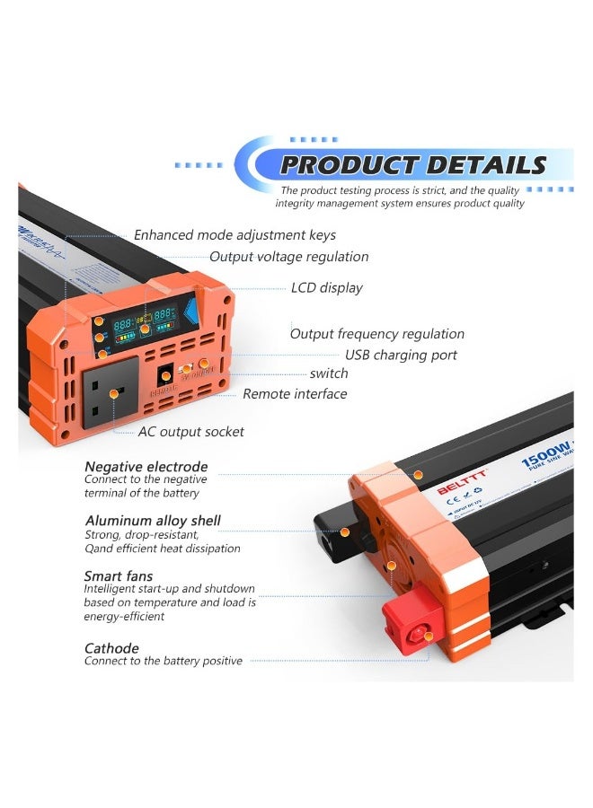 1000W Power Inverter 12V to 240V AC Pure Sine Wave Car DC UK with Sockets Dual Adapter With LED Display Suitable for Travel Camping RV