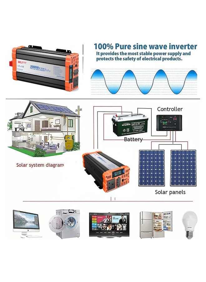 1000W Power Inverter 12V to 240V AC Pure Sine Wave Car DC UK with Sockets Dual Adapter With LED Display Suitable for Travel Camping RV