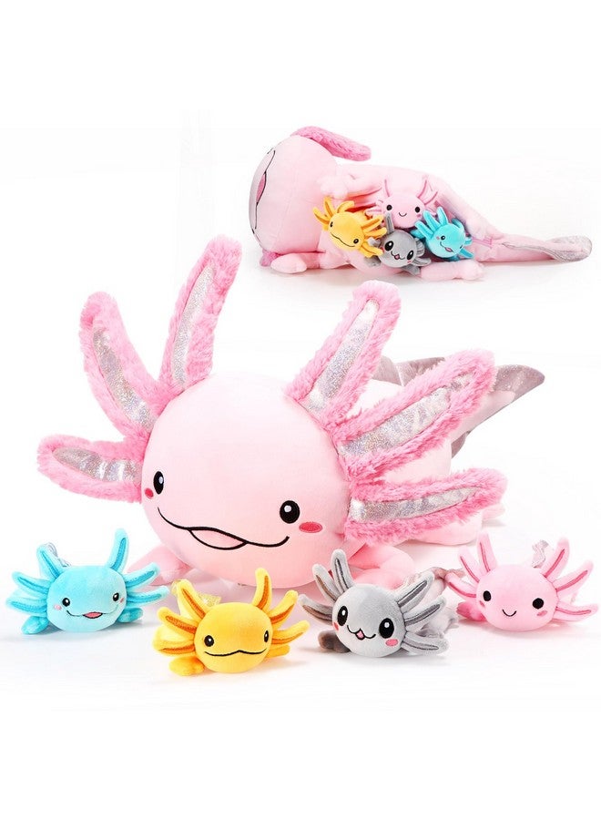 5 Pcs Axolotl Plush Set 24 Inch Mommy Axolotl Stuffed Animal With 4 Cute Plush Babies In Belly Soft Cuddly Axolotl Plushie For Kids Sleeping Birthday Graduation Gift Party Favors(Pink)