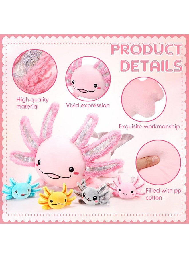 5 Pcs Axolotl Plush Set 24 Inch Mommy Axolotl Stuffed Animal With 4 Cute Plush Babies In Belly Soft Cuddly Axolotl Plushie For Kids Sleeping Birthday Graduation Gift Party Favors(Pink)