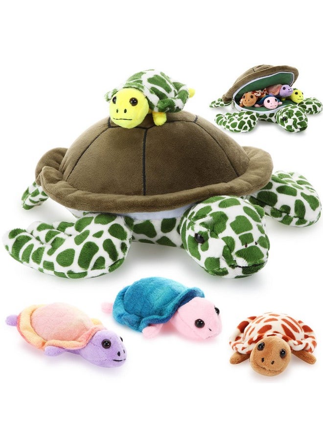 5 Pieces Plush Turtle Set 12 Inch Stuffed Sea Turtle Mom With 4 Little Plush Turtles Soft Plush Stuffed Animal Toys Tortoise Hugging For Birthday Party Favors Easter, Christmas (Vivid Style)