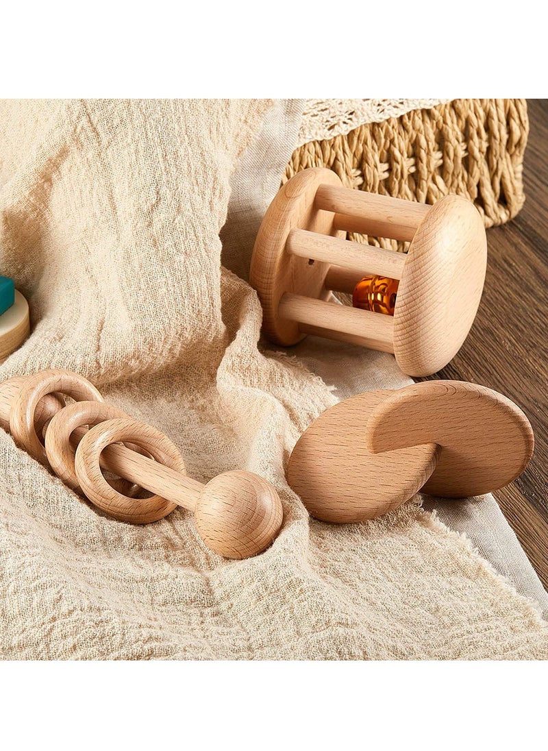 Wooden Toys, Rattle Wood Bells Rattles Beech Interlocking Discs Toys Teether Kid for Boys and Girls 3 Pieces