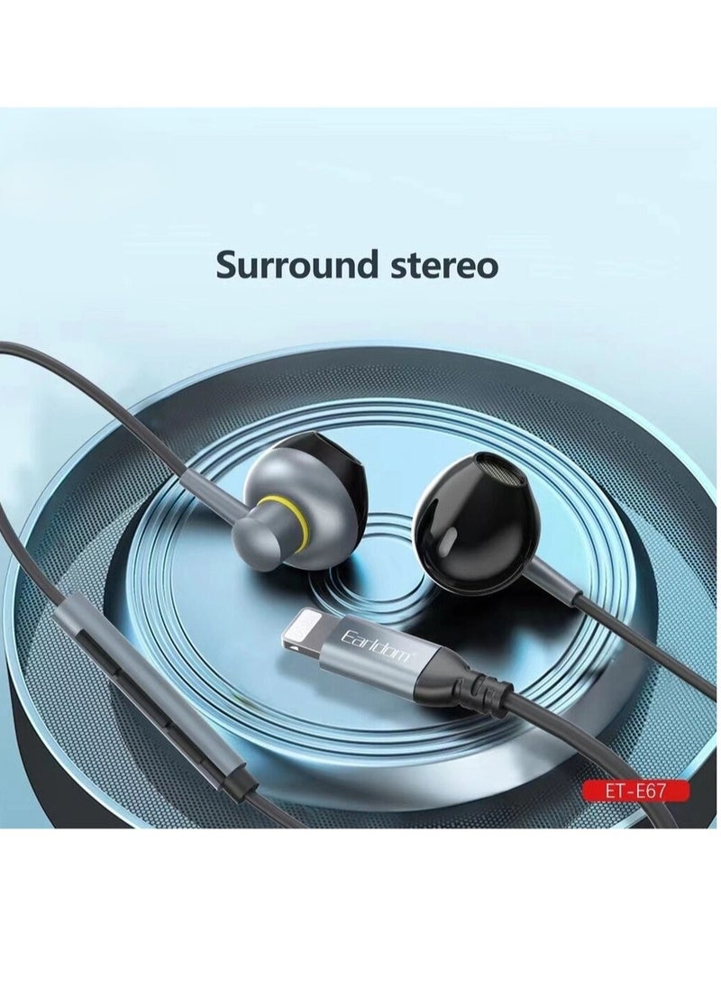 NEW ET-E67 Lightning Metal Wired Stereo Earphone - High-Quality Sound u0026 Sleek Gray Design