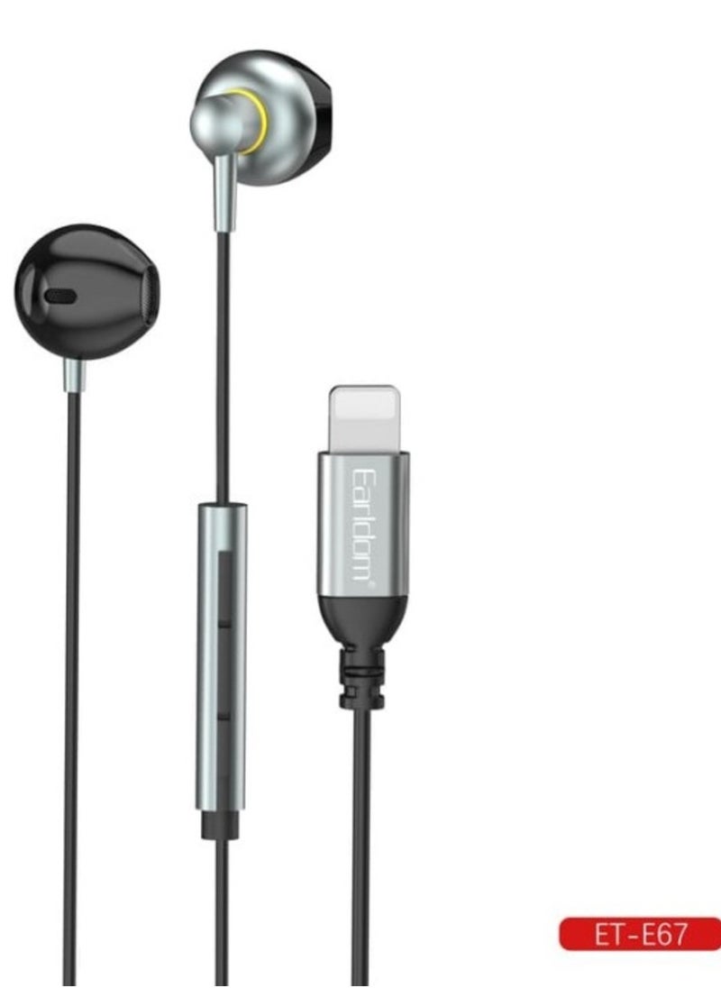 NEW ET-E67 Lightning Metal Wired Stereo Earphone - High-Quality Sound u0026 Sleek Gray Design