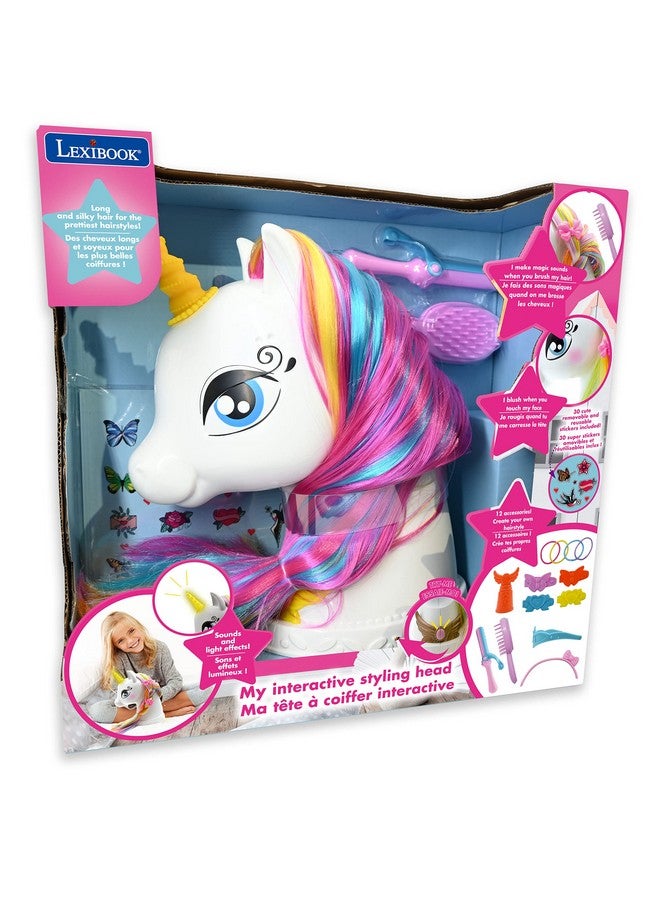 - Interactive Unicorn Hair Styling Head, Long And Silky Hair, Interactive, Magic Music And Accessories, For Kids 3+, White/Pink - Shuni