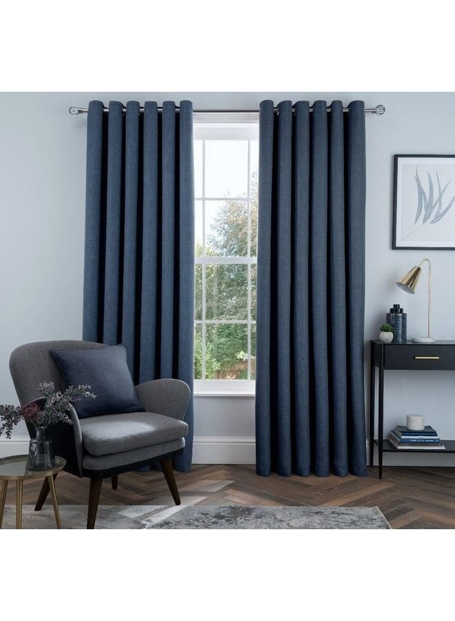 Set of 2 Thermal Insulated Linen Look Eyelet Blackout Lined Curtains for Bedroom and Living Room Navy 90 x 90inch