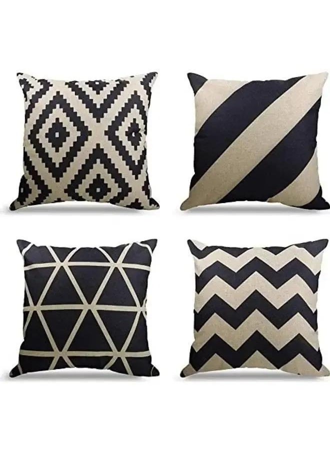 4-Piece Decorative Geometric Design Sofa Pillow Set ‎ flax 45x 45 cm Black/Beige