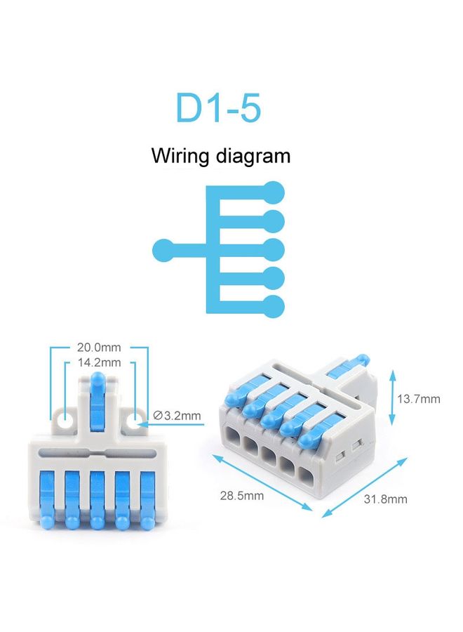 5pcs D1-5 Push Type Mini Wire Connection Splitter Quick Connect Terminal Block(Blue)