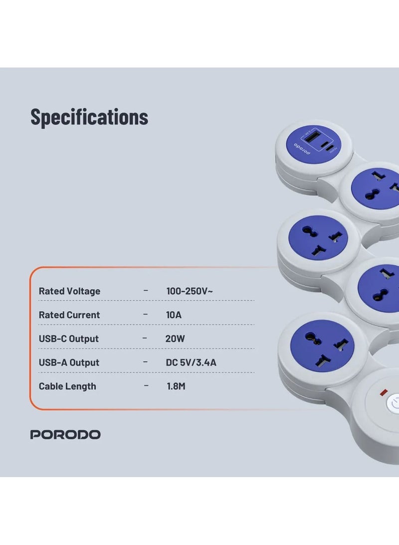 Type-C Power Delivery and 4 AC Multiport Socket with 1.8m cable and UK/EU/UK Plug 3250W / Over-Heat Protection / Built-In Safeguard - Grey