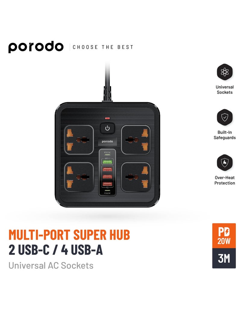 3USB-A/ 2Type-C and 4AC Multiport Socket with UK Plug 3 Meter - Black