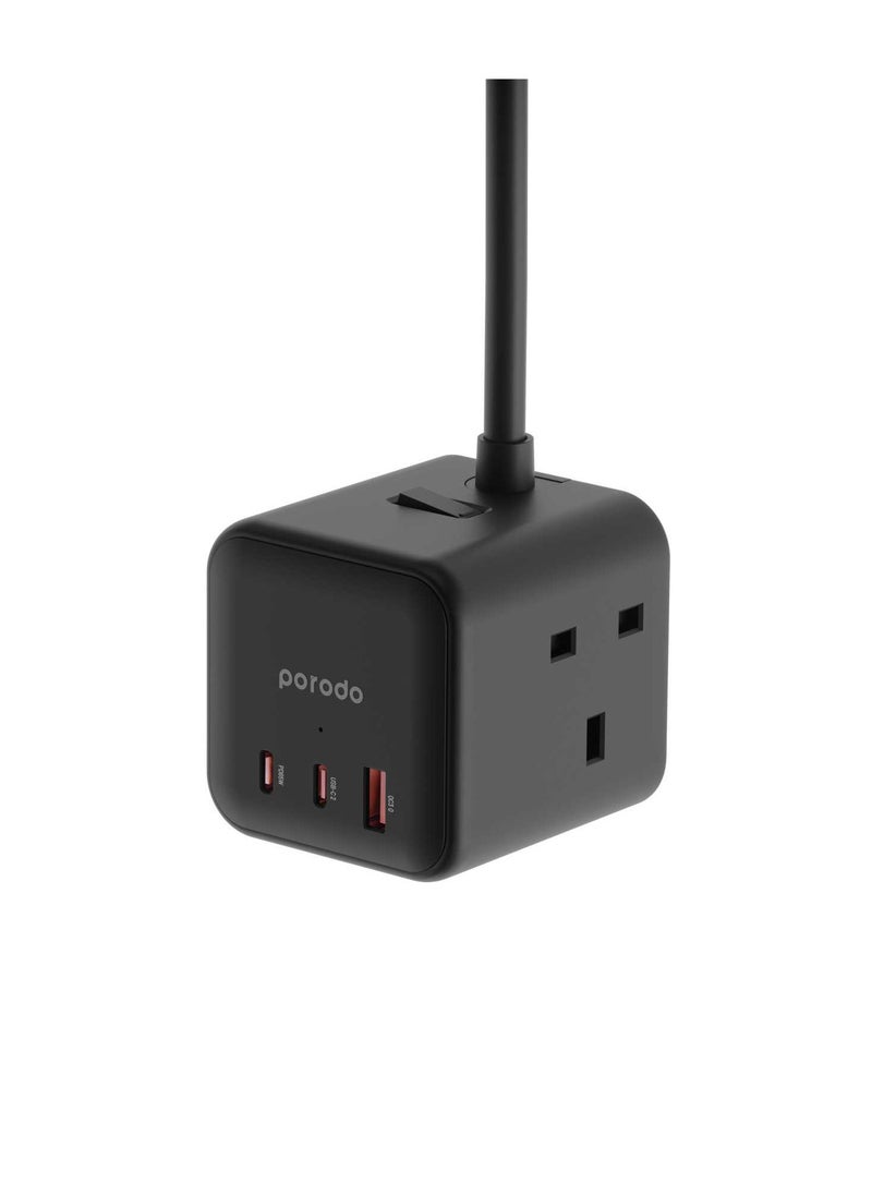 Multi-Port Fan Power Cube Charger 3250W 13 A UK 3Pin 2M Power Cord with 3 AC Sockets, OverLoad Protection & Built-In Safeguard Lightweight and Compact Mac Charger - Black