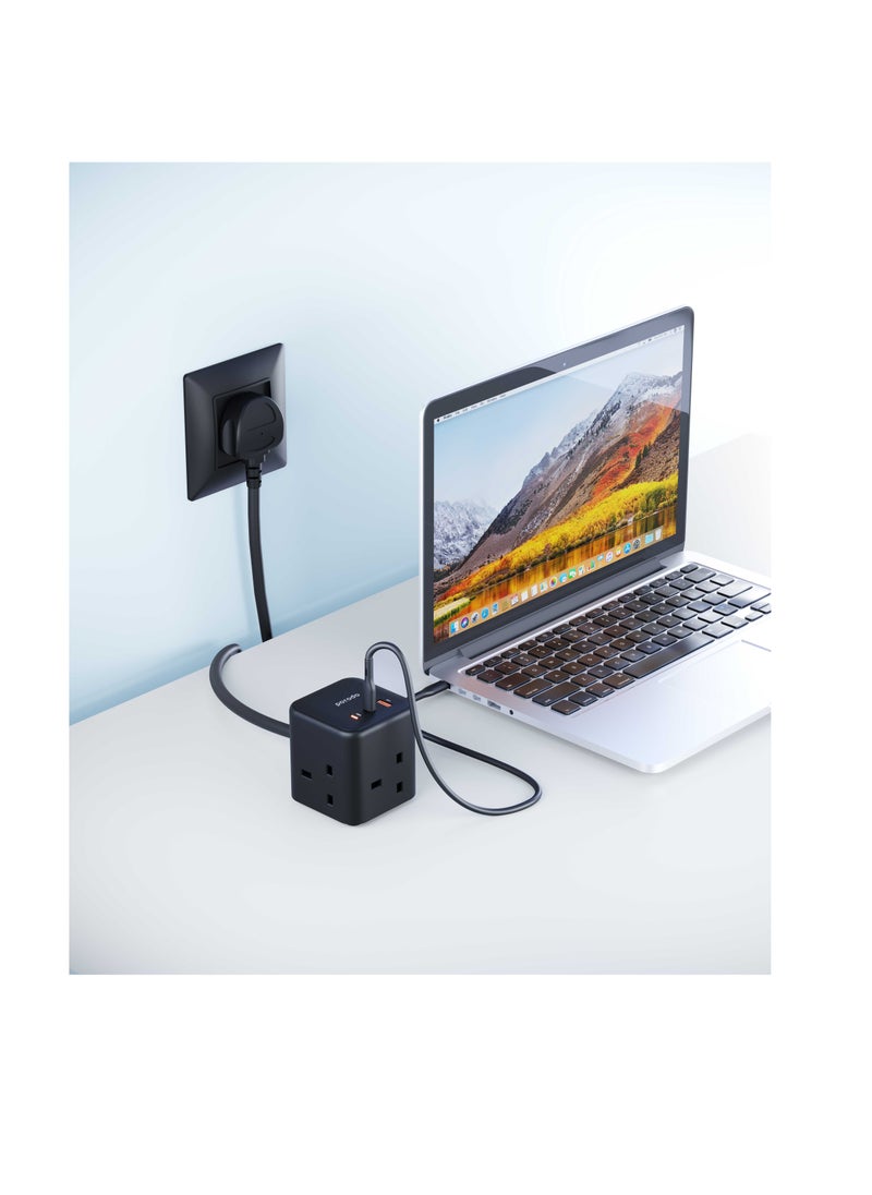 Multi-Port Fan Power Cube Charger 3250W 13 A UK 3Pin 2M Power Cord with 3 AC Sockets, OverLoad Protection & Built-In Safeguard Lightweight and Compact Mac Charger - Black